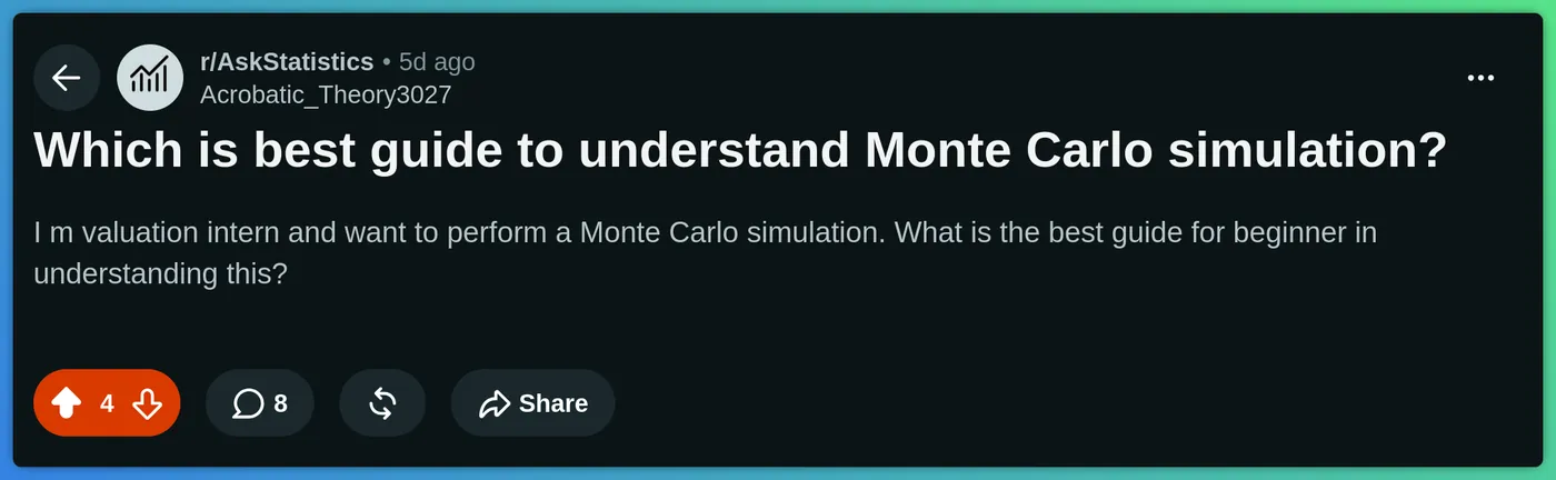 Screenshot of a Reddit post on r/AskStatistics asking: which is best guide to understand Monte Carlo simulation?